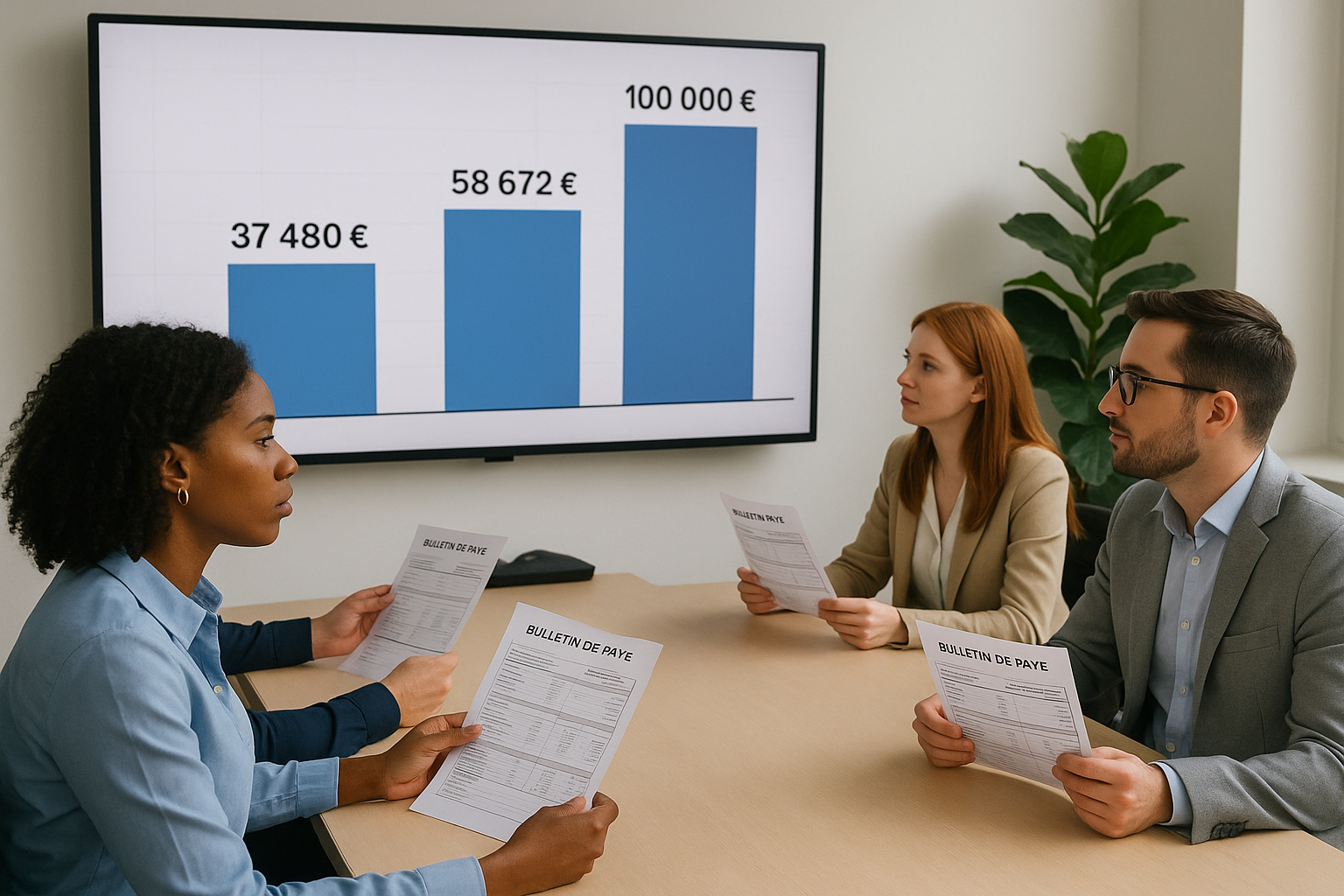 Collaborateurs en réunion analysant des écarts de salaires affichés à l’écran avec leurs bulletins de paie en main